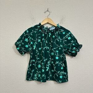 HILL HOUSE The Kit Top Emerald Botanical Puff-Sleeve Ruffled Neck